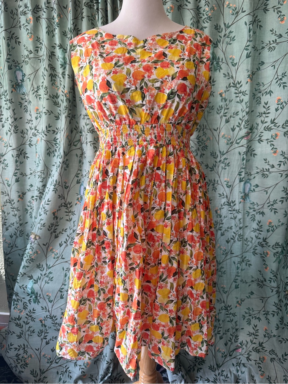 ModCloth Yellow & Coral Floral Shirred-Waist Midi Dress
